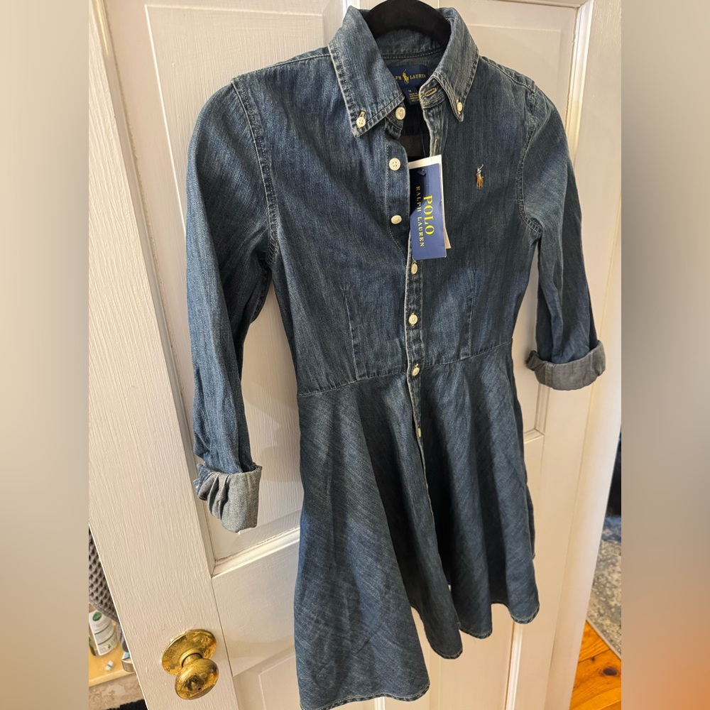 NWT Ralph Lauren Blue denim Cotton Shirt dress with rolled sleeves girl’s 10